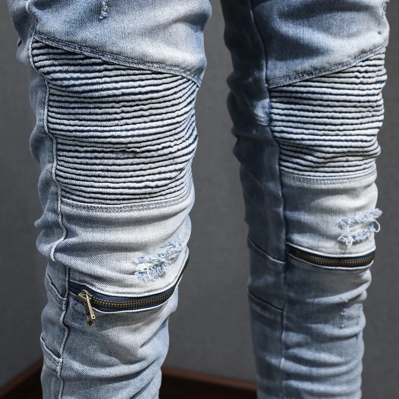High Street Fashion Men Jeans Retro Light Blue Slim Fit Elastic Zippers Spliced Designer Biker Jeans Patched Hip Hop Pants Men