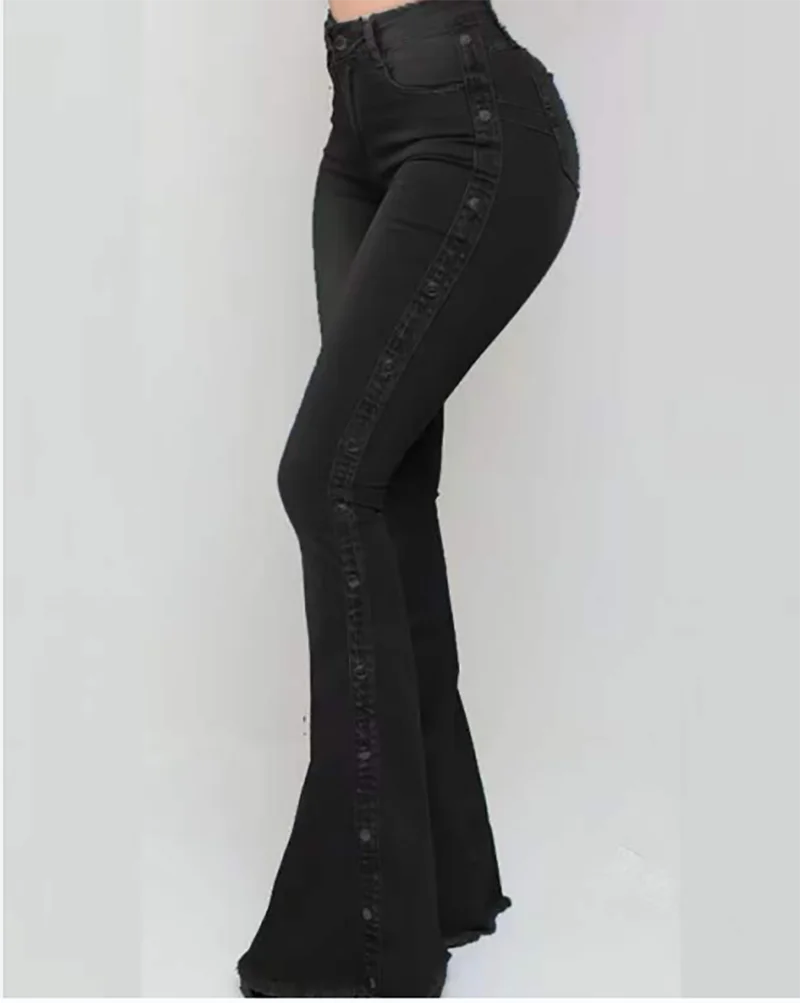 High Stretch Drag Flare Jeans Personalized Buttoned Design Women's Hip Lifting Skinny Demin Pants Bell Bottom Pocket Trousers