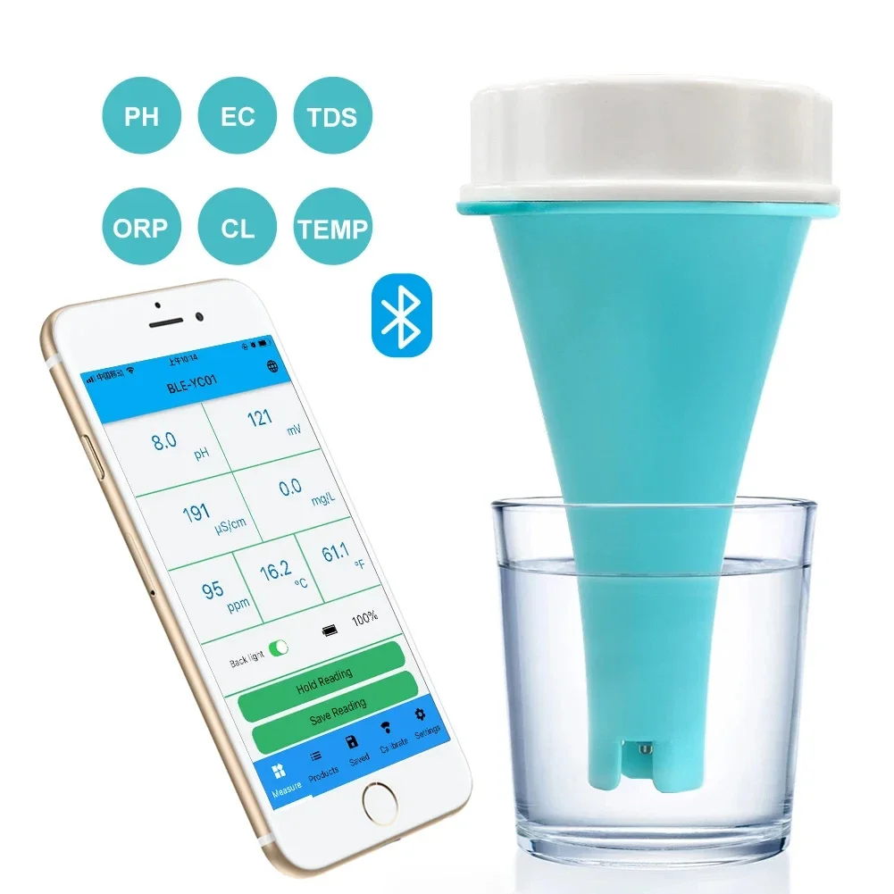 ZG-Technology Smart Aquarium Water Quality Tester App Remote Monitor Cl/pH/TDS/EC/ORP/TEMP 6IN1 Pool PH Meter for Pool Spa Tank