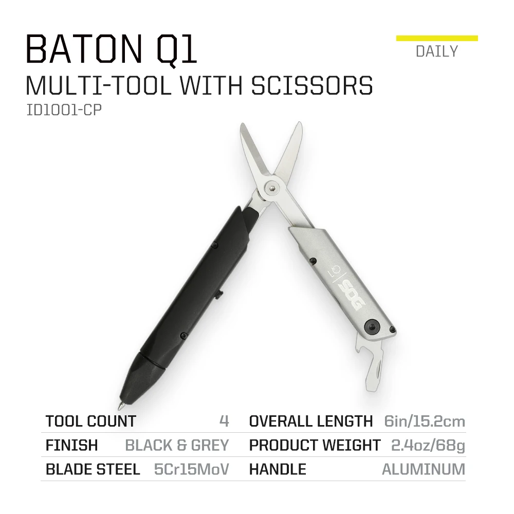 SOG BATON Q1 4 in 1 다기능 전술 펜 접이식 가위, 미니 핸드 툴 키트, 야외 및 일상용 EDC 포켓 툴