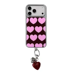 Chic Pink Love Heart Wine Red Hard Plastic Phone Case with Electroplated Frame and Drip Glue Back Cover for iPhone 15 (Case With Pendant)