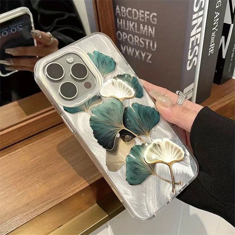 Elegant Inkgo Leaf Pattern Luxury Phone Case with Feather IMD Laser Cover Design