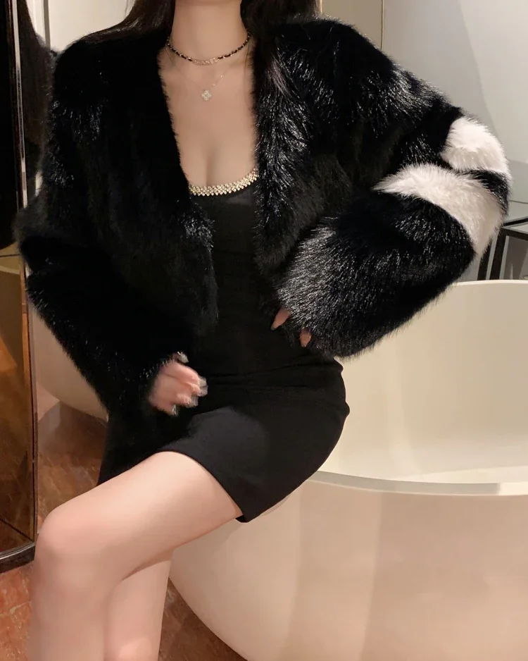 FANIECES Women Faux Fur Short Coat V Neck Casual Black Fur Outwear Cropped Tops Hairy Fluffy Party Elegant Luxury Feather Jacket