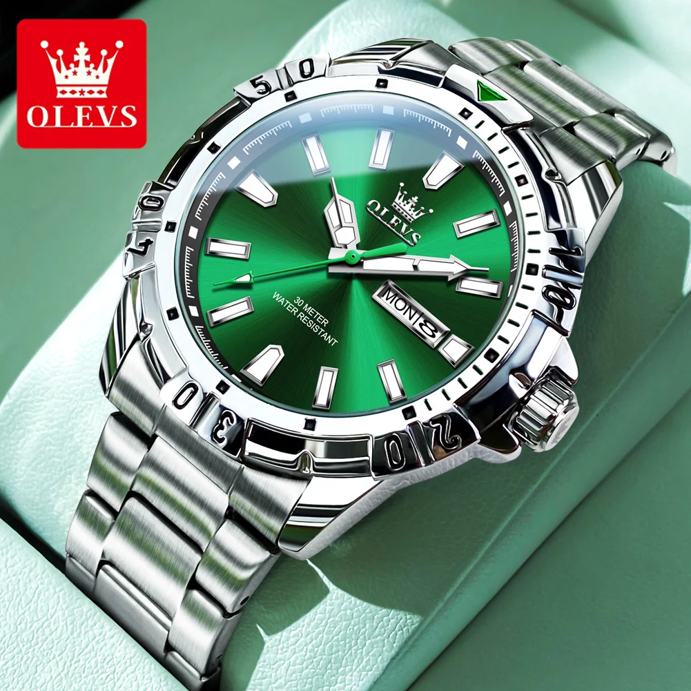 

OLEVS Original Quartz Watch for Men Stainless Steel Men's Watches Dual Calendar Dial Waterproof Luminous Wristwatch Reloj Hombre