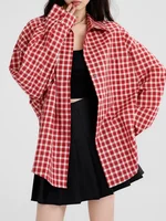 2025 Y2k automne femmes nouveau Vintage rouge Plaid col rabattu sur-chemise à manches longues Streetwear ample Patchwork Harajuku Blouses 6