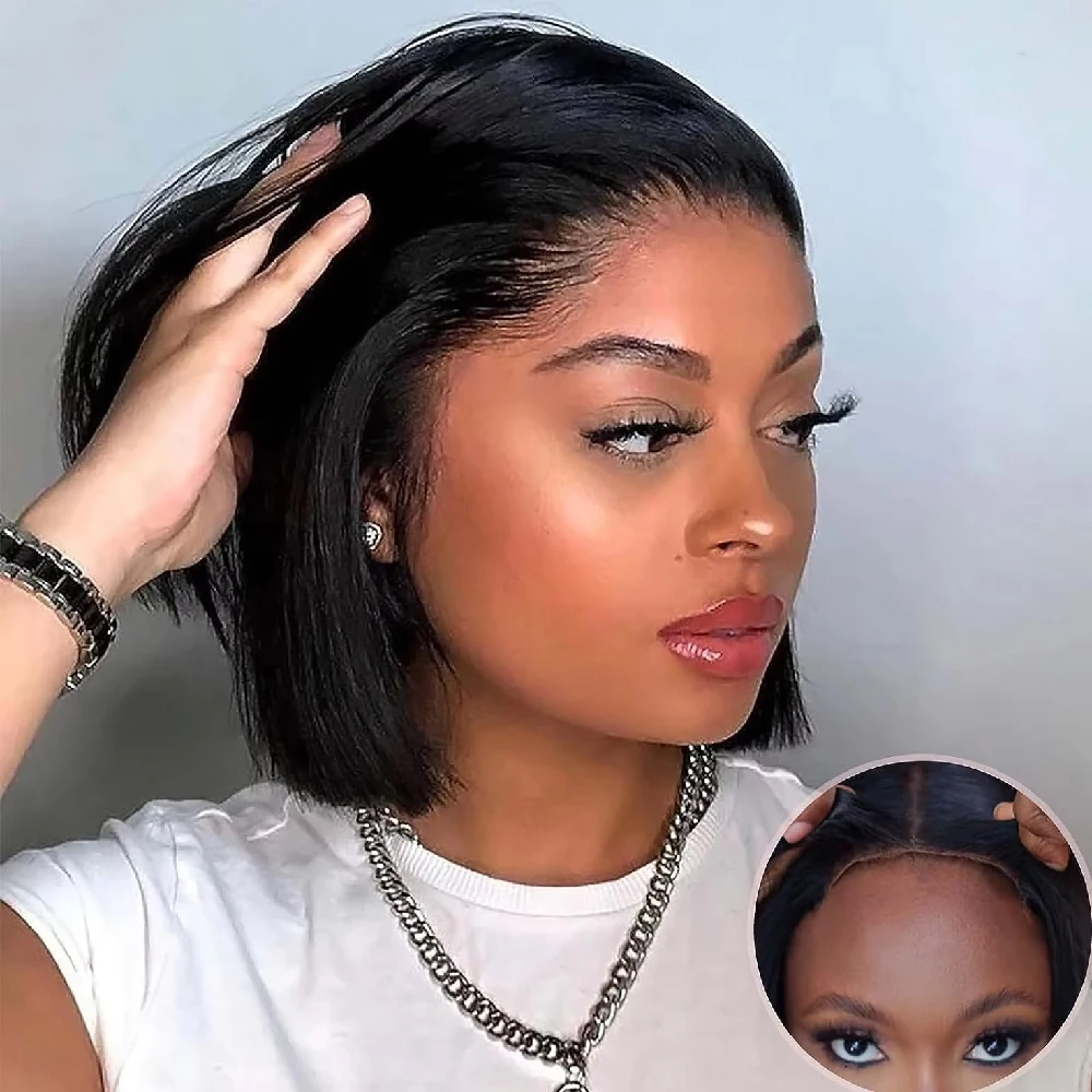 Wear and Go Glueless Bob Wig Human Hair Pre Plucked Pre Cut 215% Density 5x5 HD Transparent Lace Front Wigs Human Hair for Black Women Short Straight Bob Wigs No Glue Lace Closure Wigs for Beginners 10 Inch 2