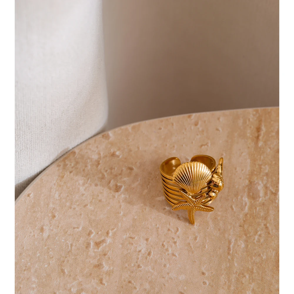 Yhpup Shell Conch Starfish Layered Open Ring for Women