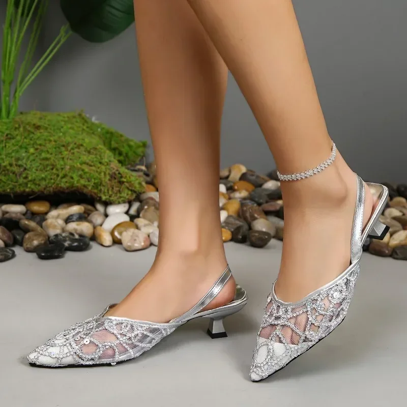 Women's Shoes 2024 New Slingbacks Women's High Heels Mesh Dress Pumps Women Pointed Toe Bling Slip on Thin Heels Ladies Sandals 5
