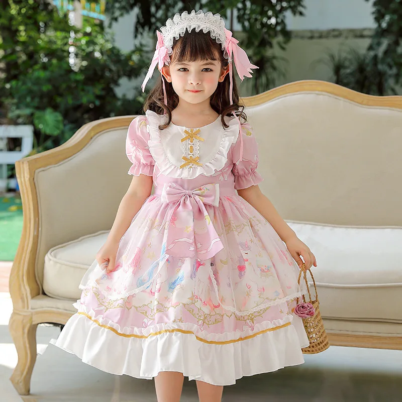 Summer Victorian Retro Lolita Dress for Girls Kid Short Sleeve Maid Costume Girl Child Tutu Skirt For Girl Princess Girls' Dress