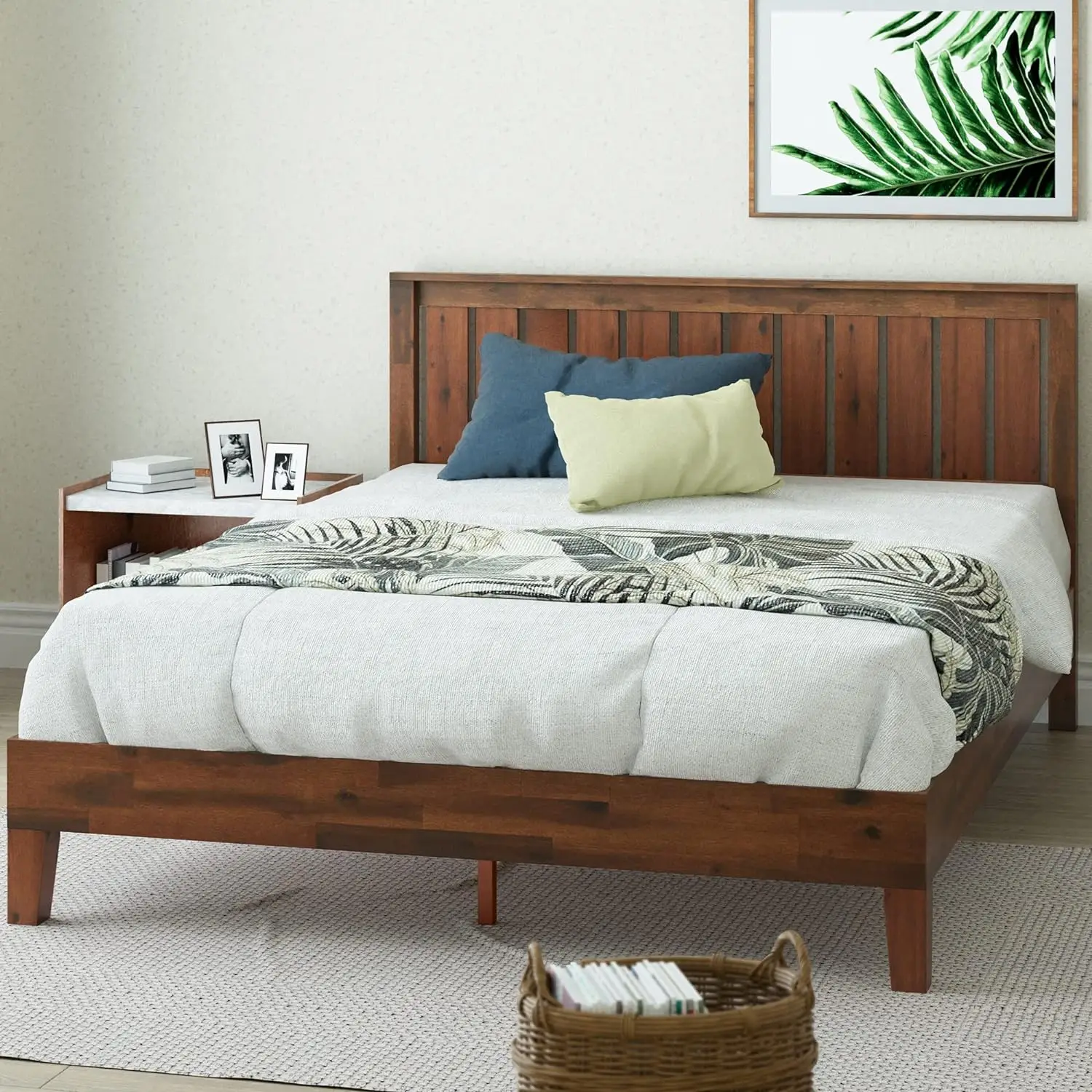 

Vivek Deluxe Wood Platform Bed Frame with Headboard / Wooden Slat Support / No Box Spring Needed / Easy Assembly, Queen