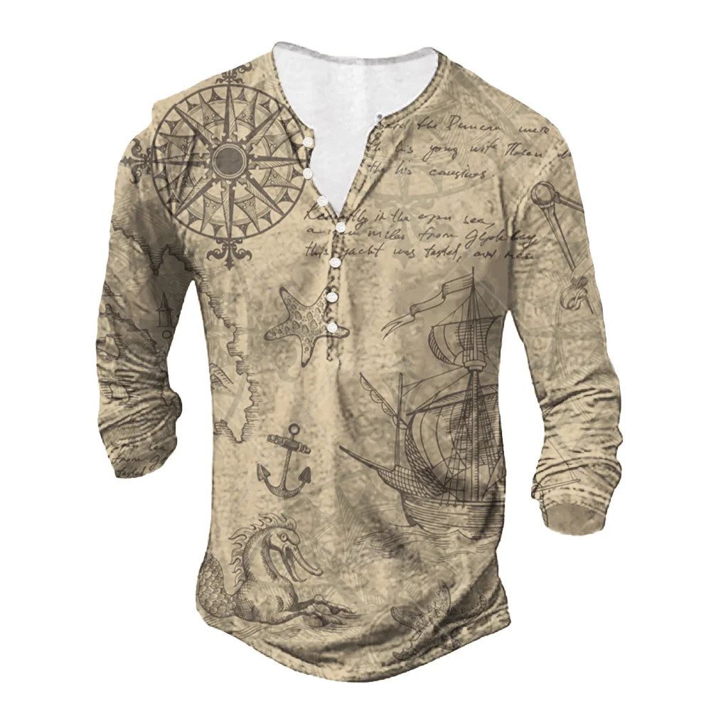 

Sailing Ships Vintage Men's T-Shirts Cotton T Shirt Navigation 3D Printing Long Sleeve Henley Shirt Oversized Clothing Tops New