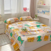 Cartoon Flat Sheet with 2 Pillowcases Soft Comfortable Kawaii Bear Rabbit Dinosaur Print Bed Sheet Set Microfiber Bed Cover,Twin 4