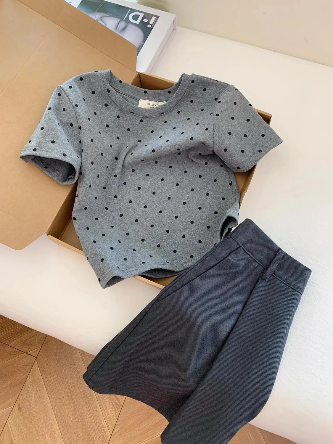 

Women's Summer New Korean Trendy Set Polka Dot Print Cropped Short sleeved T-shirt Top+High Waist Short Skirt Two-Piece
