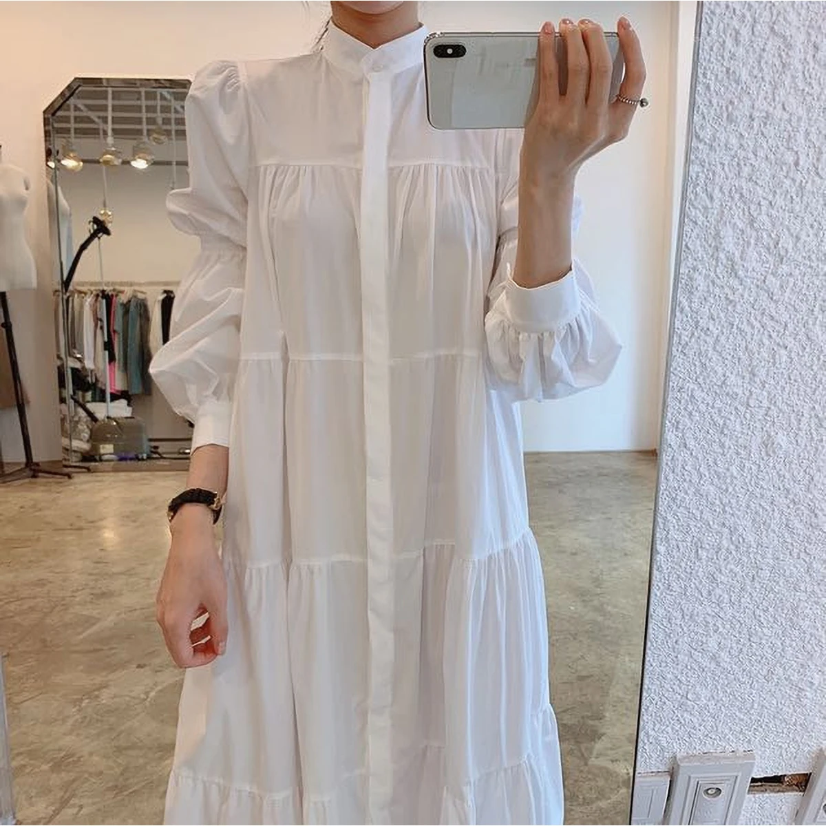 Muslim Women's White Dresses Temperament Stand Collar Pleated Puff Sleeve Shirt Dress Summer Middle East Female Slim Long Robe