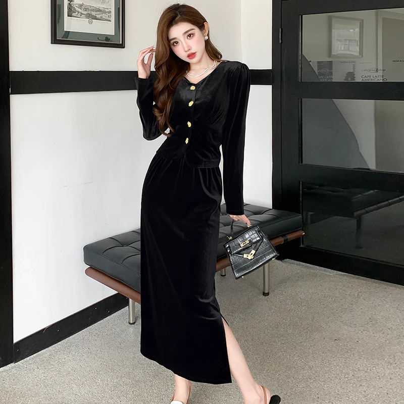 

New High Quality Velvet Skirt Sets Women V-neck Single Breasted Puff Long Sleeve Cardigan Top + Split Long Skirts Two Piece Set
