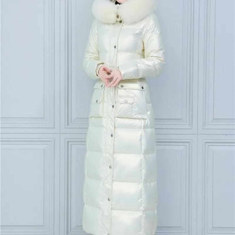 2023 New Women Down Jacket Winter Coat Female Mid Length Version Parkas Thick Warm Slim Fit Outwear Hooded Fur Collar Overcoat