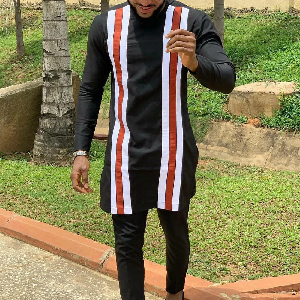 Men's Dashiki Crew Neck Long Sleeve Shirt Striped Pants Set Men's 2 Piece Suit Traditional Men's T-Shirt Men's Pants New Suit