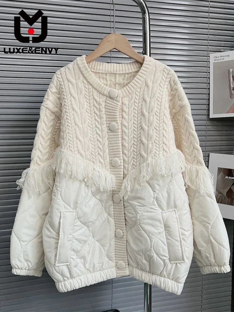 

LUXE&ENVY Design Sense Splicing Sweater Cardigan Women 2023 New Autumn Winter Loose Lazy Thickened Knit Coat