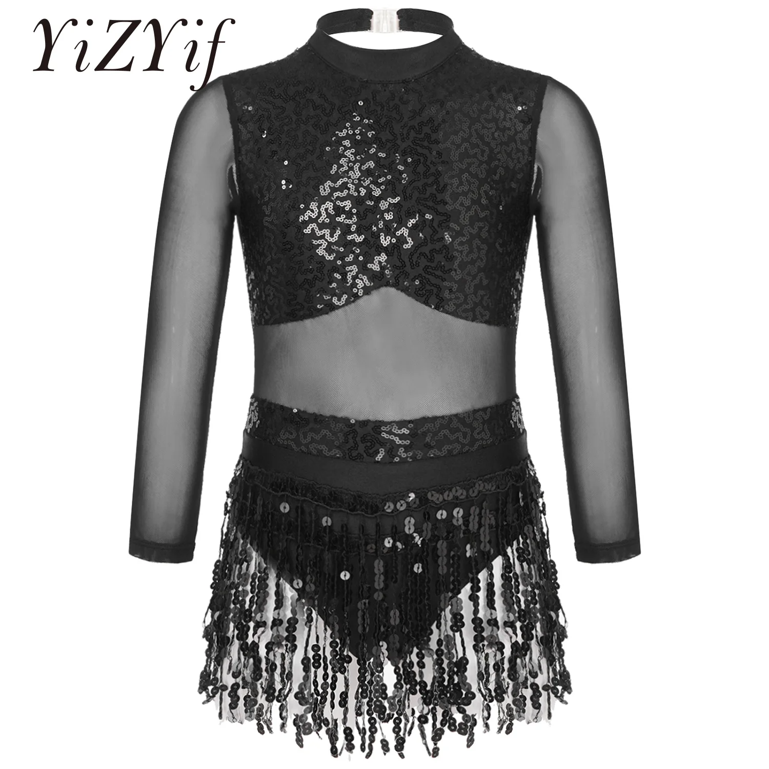 

Kids Girls Ballet Dance Leotard Dress Sequins Modern Jazz Dancewear Hollow Back Tassel Latin Dance Stage Performance Costume
