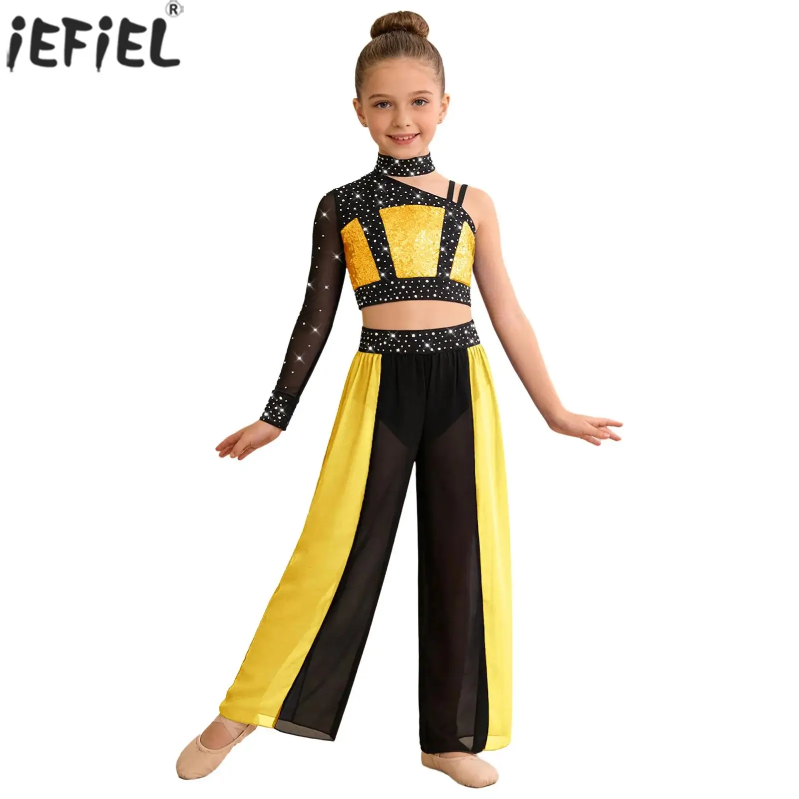 Completi da ballo lirico per bambine con strass lucidi, top corti in rete e pantaloni in chiffon con spacco, per pattinaggio, danza latina, jazz e danza moderna
