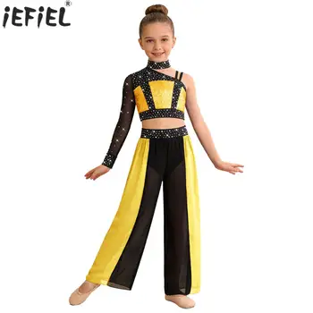 Completi da ballo lirico per bambine con strass lucidi, top corti in rete e pantaloni in chiffon con spacco, per pattinaggio, danza latina, jazz e danza moderna