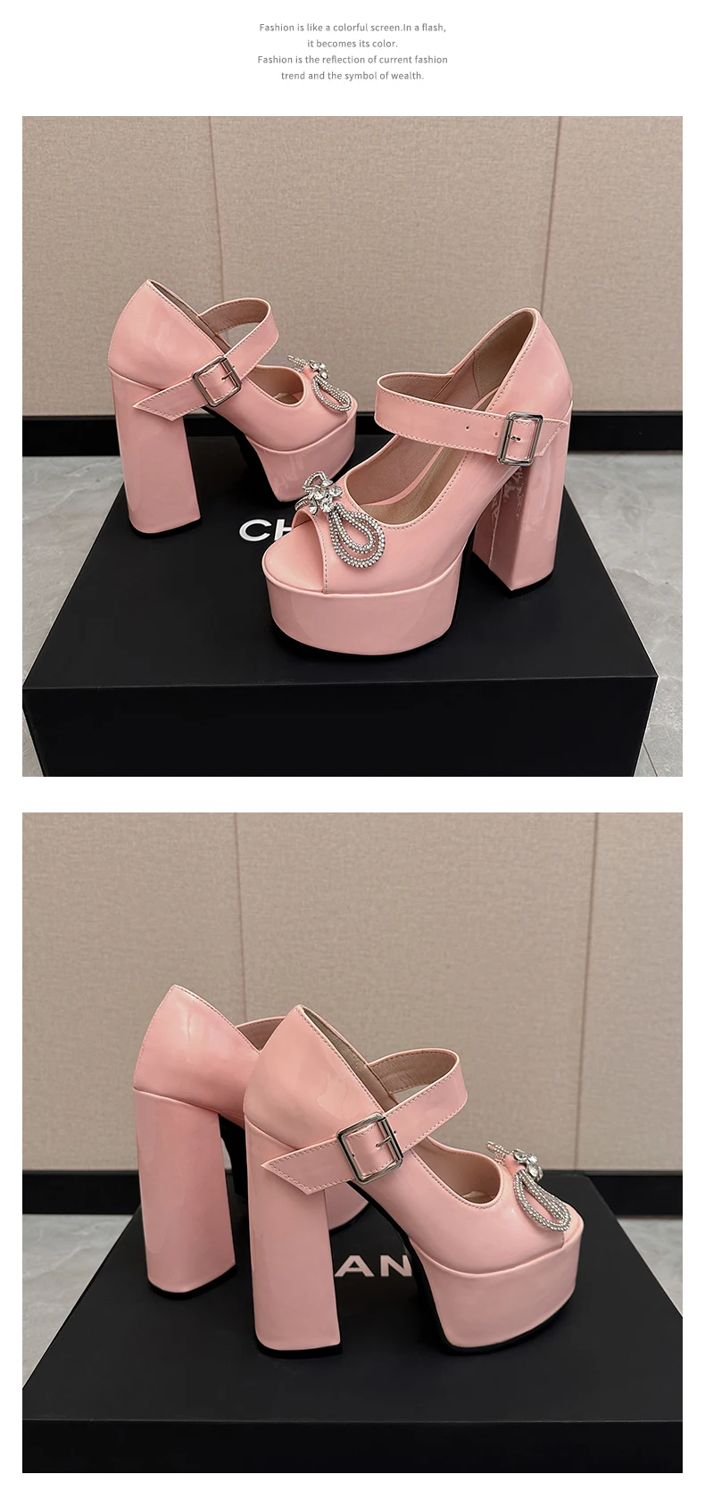 Summer 2023 New Water Platform Super High Heel Peep Toe Sandals Round Toe Lacquer Leather Diamond Bowknot Pumps