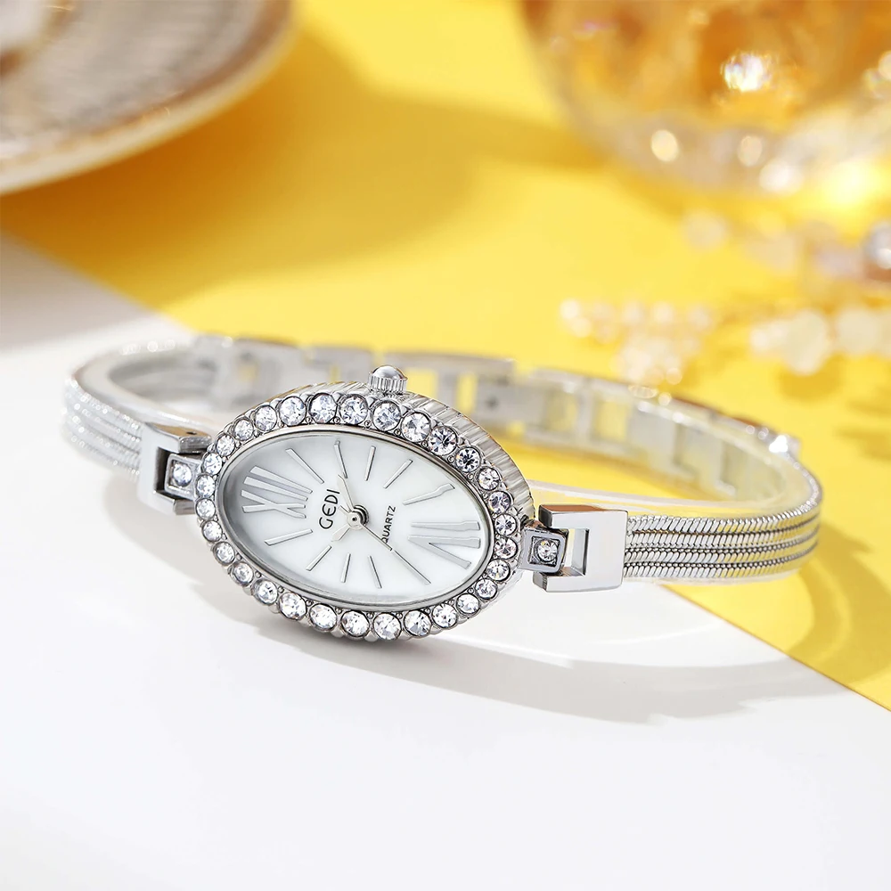 Luxury Oval Shaped Ladies Bangle Watches Alloy Rope Bracelet Diamond 30M Water Resistance Fashion Women Quartz Wristwatch Clock