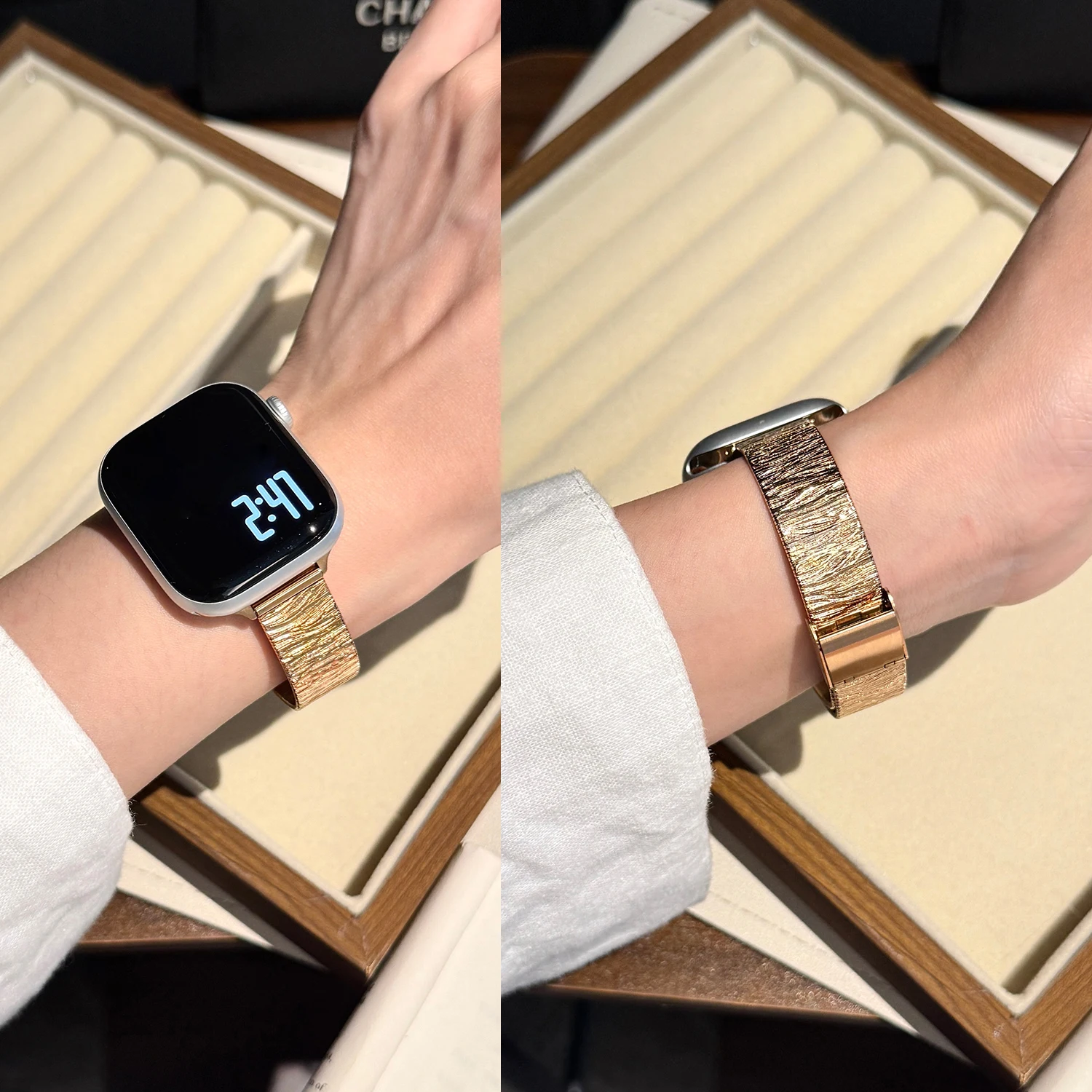 Niedriges, luxuriöses, gewelltes Edelstahlarmband für Apple Watch S10 42 mm 46 mm 45/44/41/40–38 mm Damenarmband für Armbänder der IWatch-Serie – Detail 7