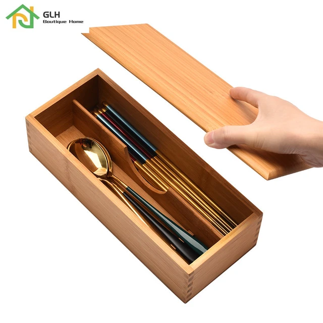 1pc Bamboo Wood Cutlery Storage Box Kitchen Restaurant Storage