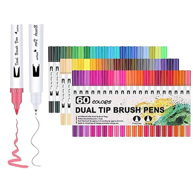 12-120 색상 펠트 팁 수채화 아트 마커 세트-듀얼 브러시 및 파인라이너 컬러 퍼링 펜, 서예 그림을위한 부드러운 잉크