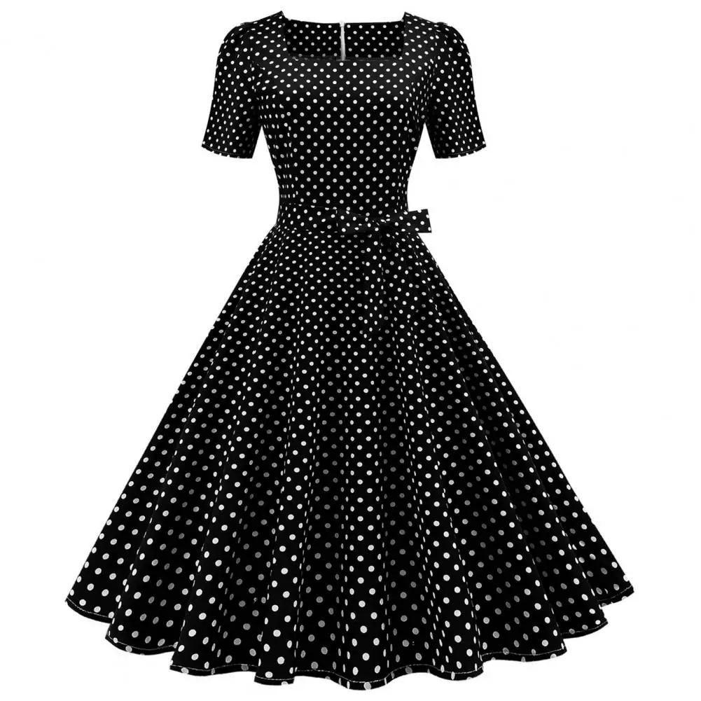 

Classic Movie Style Women Dress Vintage Polka Dot Square Collar Umbrella Hem Dress Elegant Dot Print Waist Tight 1980s Dress