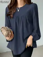 ZANZEA Elegant Solid Blouse Women Long Sleeve O Neck OL Work Shirt Spring Autumn Fashion Tunic Tops Blusas Female Loose Chemise - Image 4