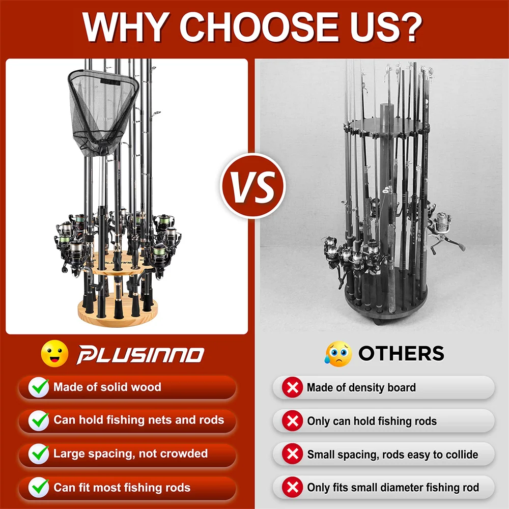 PLUSINNO V12 Wood Fishing Rod Holders for Garage Vertical Wooden Fishing Pole Rack