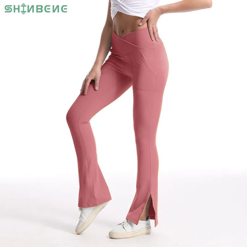 

SHINBENE V Waist Tummy Control Dance Yoga Gym Wide Leg Pants Women Sports Fitness Workout Pocket Split Flare Leggings Plus Size