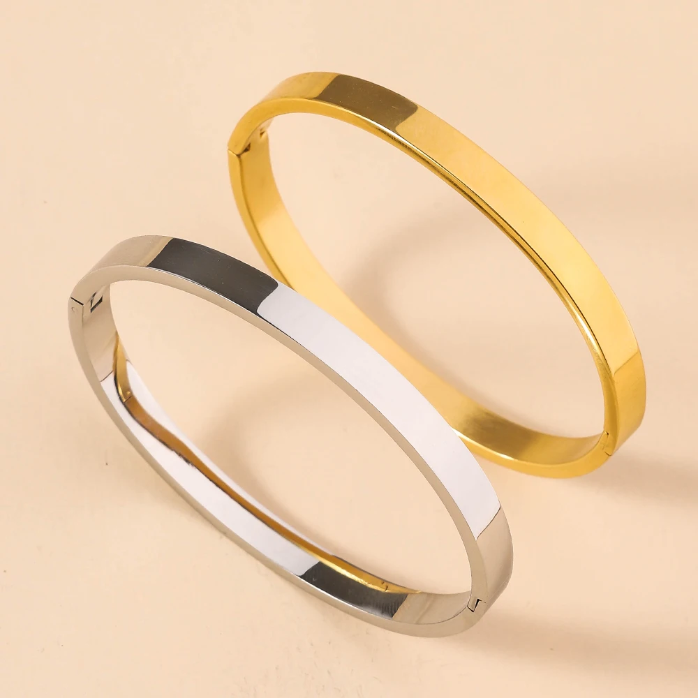 Women's Simple Widened Glossy Open Buckle Stainless Steel Bracelet Vacuum Plated Non Fading
