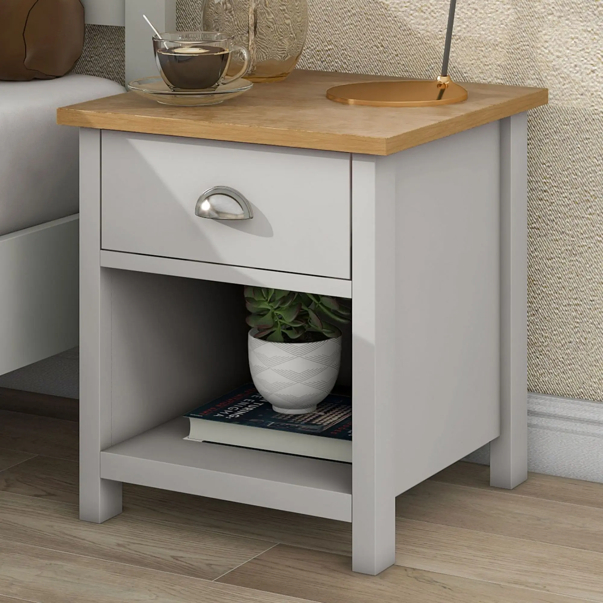 

Country Gray Solid One Drawer Nightstand Side Table with Oak Top