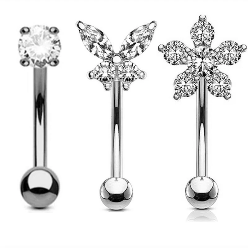 Elegant Heart Crystal Curved Barbell & CZ Star Eyebrow Ring Set - 3-Piece Collection