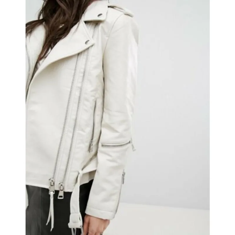 White Leather Jacket Women Slim Fit Biker Motorcycle Lambskin Leather  Fashionable Trend