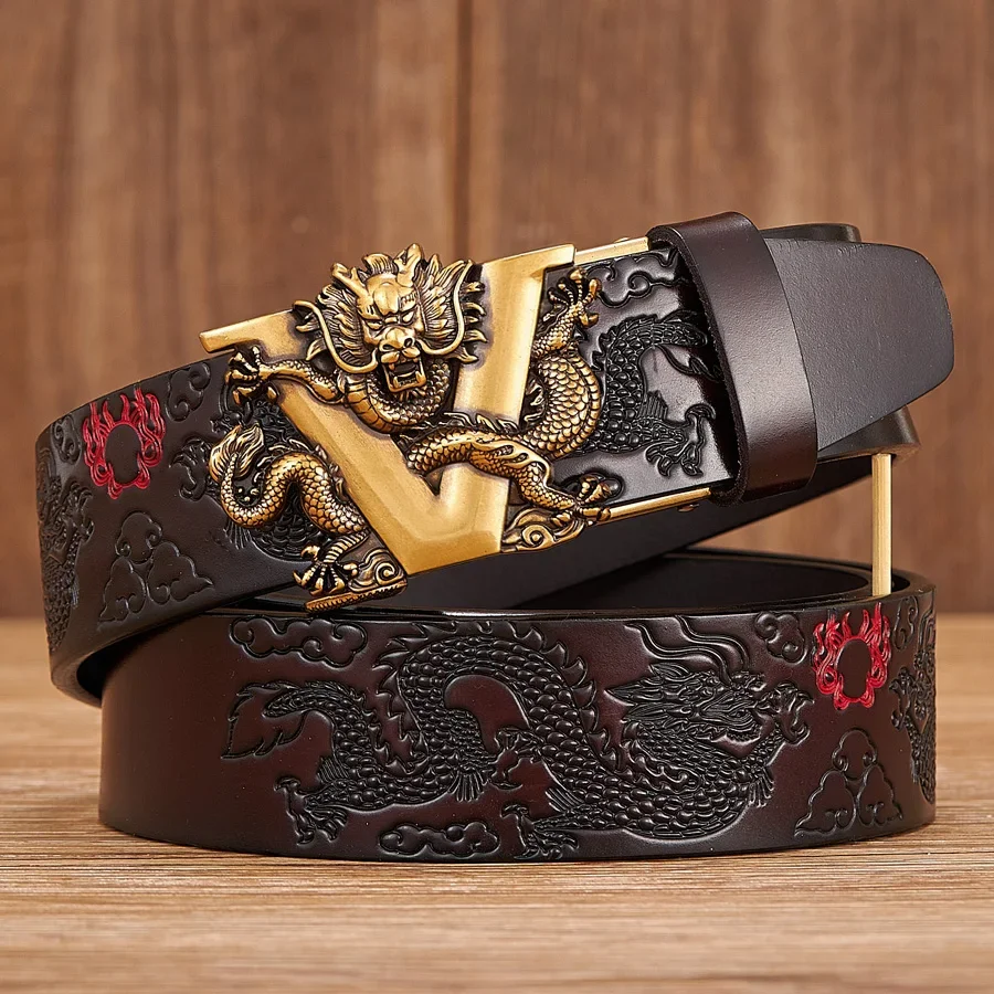 

New Male China Dragon Belt Cowskin Genuine Leather Belt for Men Carving Dragon Pattern Automatic Buckle Belt Strap For Jeans2023