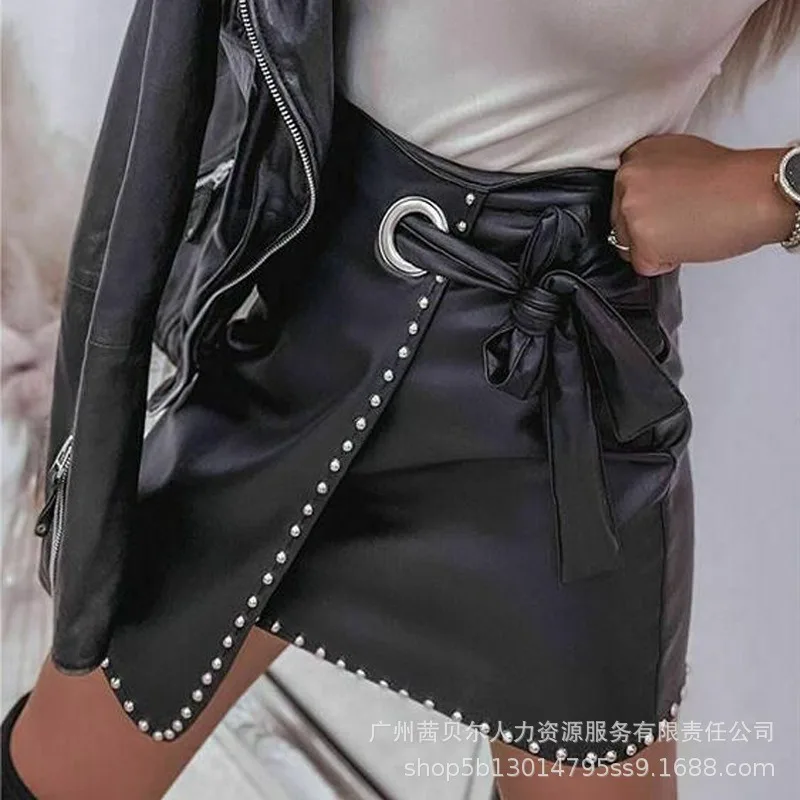 

Women PU Leather Eyelet Tied Detail Studded Asymmetrical Skirt Elegant Y2K Chic Clothes High Waist Zipper Bodycon Skirt