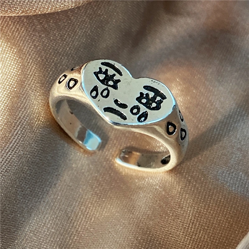 Punk Gothic Heart Ring Set for Women Black Dice Vintage Spades Ace Silver Plated Retro Rhinestone Charm Billiards Finger Jewelry 