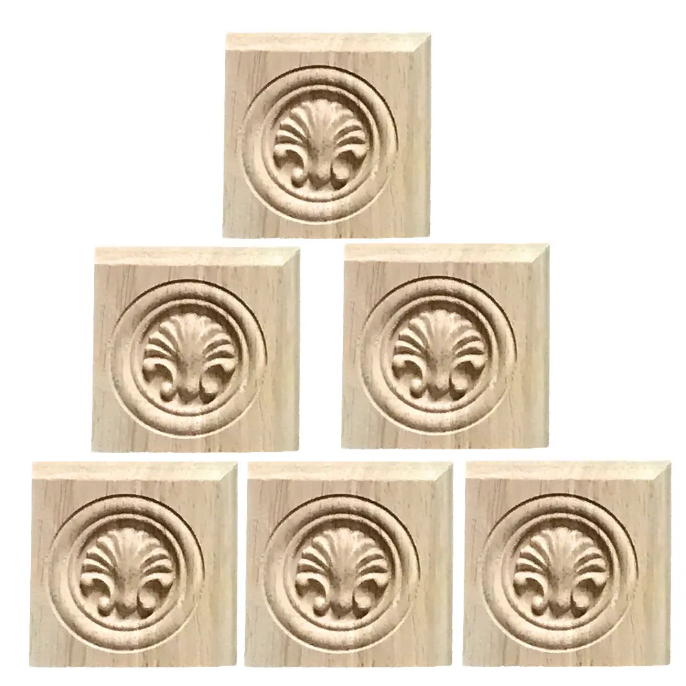 

6PCS Wood Carved Flower Ornament Square Applique Onlay Antique&Modern Furniture Doors Walls Carved Wood Ornamental Decor