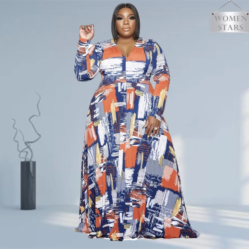 

Женское длинное платье-макси с длинным рукавом и V-образным вырезом