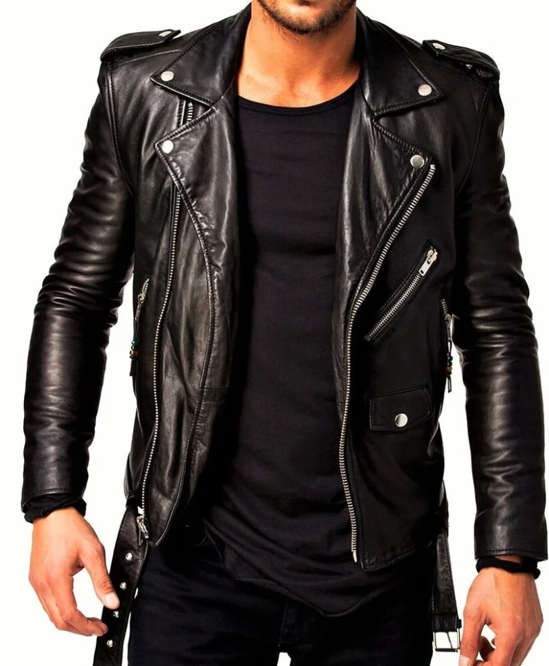 

Men's Black Lambskin Genuine Motorcycle Biker Leather Jacket with Belt