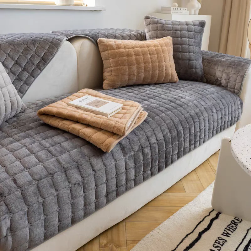 Thickened Flannel Sofa Cushion Simple Plaid Velvet Plush Non-Slip Cushion Leather Dustproof Living Room Sofa Cover Armrest Towel