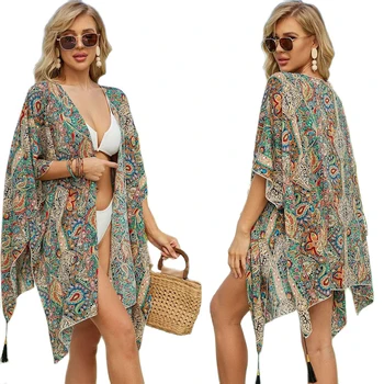 Women's Tops Floral Loose Tassels Coverups Beach Swim Bikini Kimono Cardigan Bathing Suit Cover Ups Blouse Swimwear Resort Wear 1