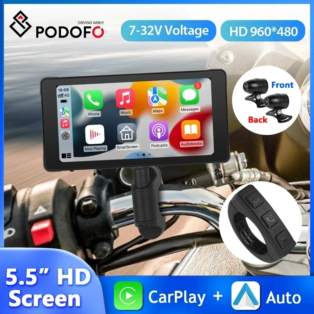 Podofo 5.5\'\' Motorcycle Portable IP67 Waterproof Wireless Carplay Android Auto Car Monitor Bluetooth WIFI DVR Drive Recorder