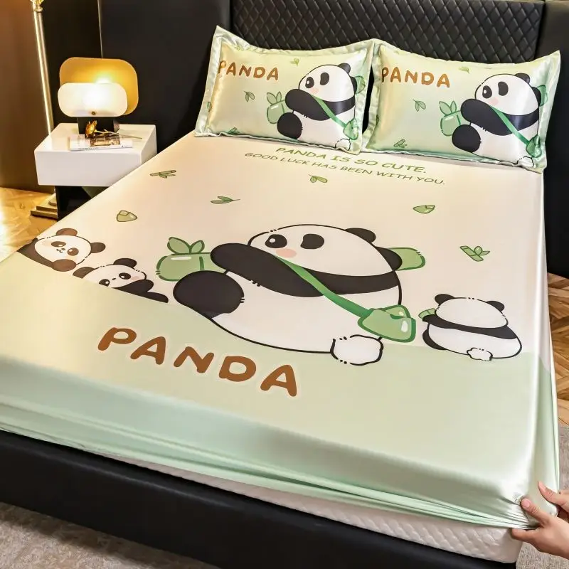 

Cartoon printed bed sheets Summer Cool Fitted Sheet Ice Silk Full Surrounding Bed Cover Elastic Non slip Rope Bed Sheet