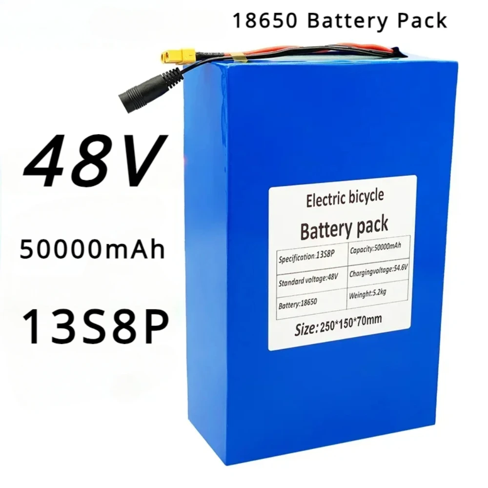 Bicycle and motorcycle lithium battery pack, 48V, 50Ah, 50000mAh, Panasonic 18650, 13S8P, 1000W, 50A built-in BMS, free delivery