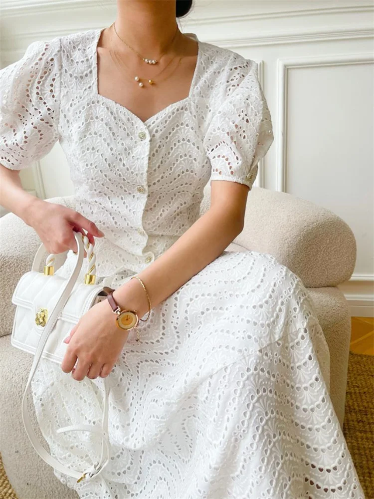 

Fairy Summer White 2 Pieces Set Women Retro Square Neck Top + A-line Long Skirt Suits Celebrity Style Elegant Lace Beach Outfits